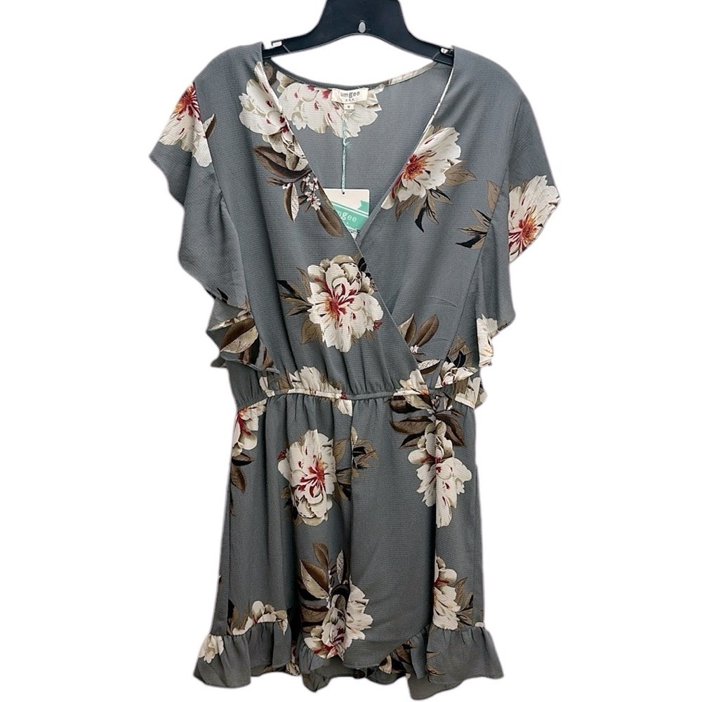 Umgee Floral Print Flutter Sleeve Ruffle Hem Surplice Romper M Elastic Waist